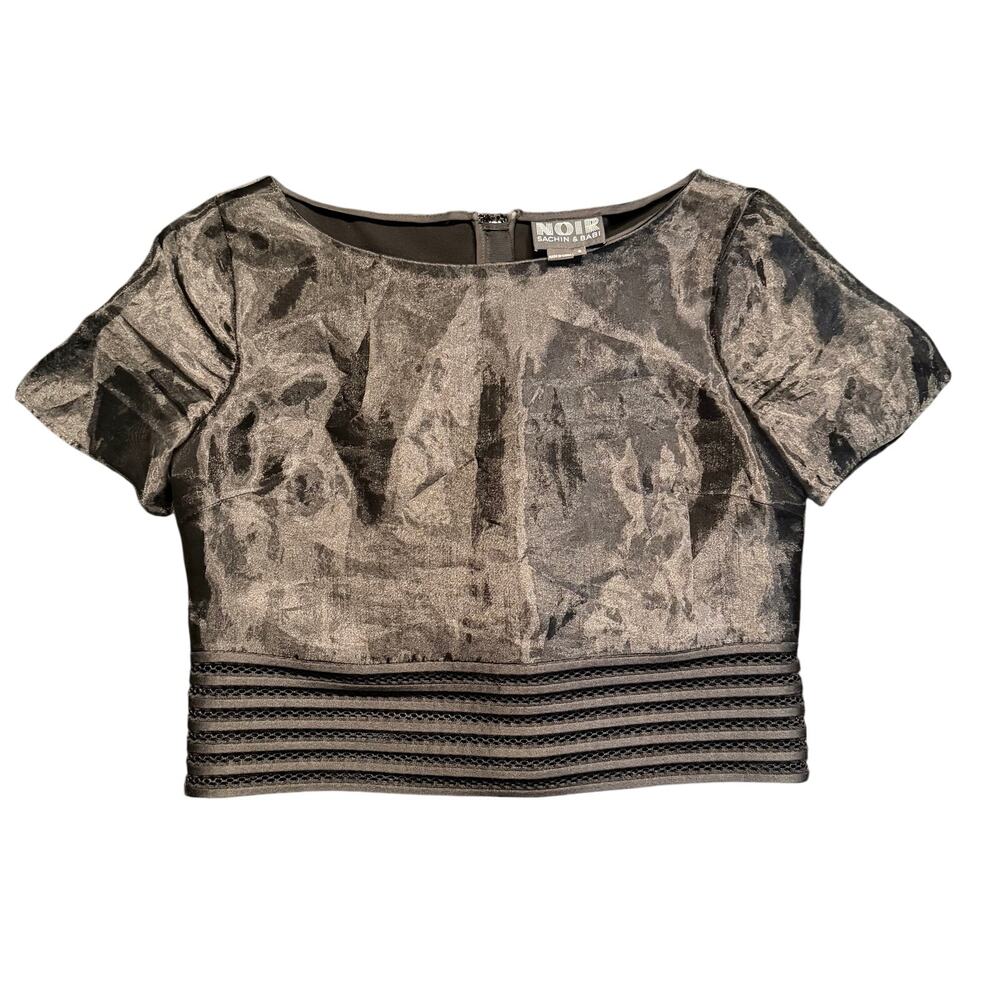 NOIR Sachin & Babi Black Metallic Jacquard Crop Top Mesh Trim Blouse Size S